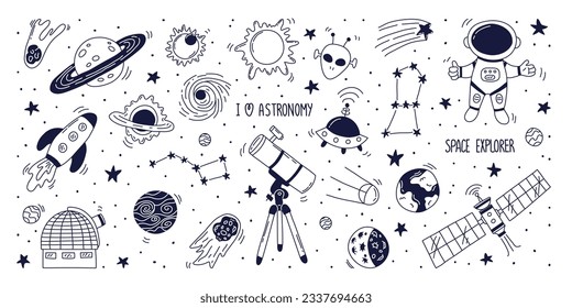 Establecer elementos astronómicos de doodles dibujados a mano. Telescopio, observatorio, cosmonauta, estación, satélite, planetas, sol, estrellas. Ilustración vectorial plana sobre fondo blanco
