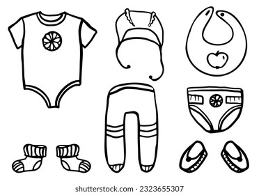 Set of hand drawn doodle baby clothes. Nursery outline design. Vector illustration isolated on white background. Fashion design set for baby. rompers, bonnet, vest, booties, diaper, bib