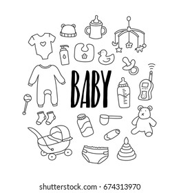 Set Of Hand Drawn Doodle Baby Icons.