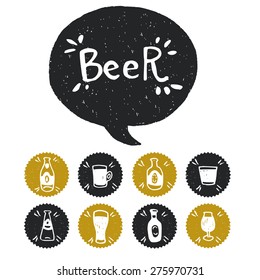 Set of hand drawn doodle beer bottles and glasses. Cartoon icons isolated on white background and Beer lettering in a speech bubble.