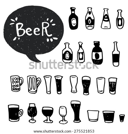 Set of hand drawn doodle beer bottles and glasses. Cartoon icons isolated on white background and Beer lettering in a speech bubble.