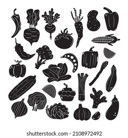 Set of hand drawn doodle black vegetables.