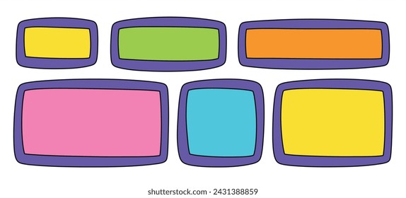 A set of hand drawn doodle blank text frames. Colored text box. Empty speech bubbles on transparent background.  Flat Vector Illustration EPS10