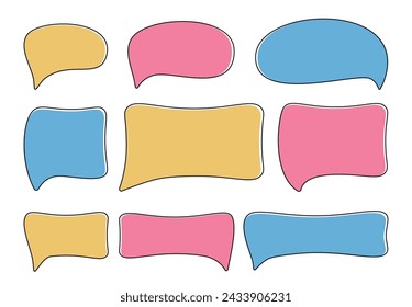 Un conjunto de marcos de texto en blanco dibujados a mano. Cuadro de texto coloreado. Burbujas de voz vacías sin fondo. Ventana en estilo de dibujos animados para el diálogo, pensamientos. Ilustración vectorial plana EPS10