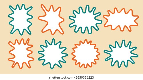 Set von handgezeichneten Doodle-Blanko-Zick-Zack-Rahmen, Silhouette mit Kontur. Farbiges süßes Textfeld. Leere Sprechblasen auf weißem Hintergrund. EPS10, einzelne flache Vektorgrafik