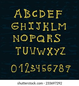 Set of the hand drawn doodle bones letters with numerals. Vector alphabet illustration.