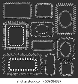 Set of hand drawn doodle borders. Collection of white editable squared frames on black background. Vector illustration