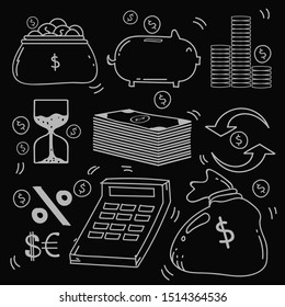 Set of Hand Drawn Doodle Business and Tax, finance icons Theme Doodle Collection In black Isolated Background