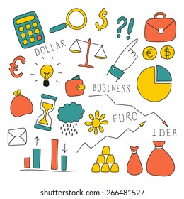 Set of hand drawn doodle business and finance elements