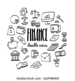 Set Hand Drawn Doodle Business And Finance Icons.