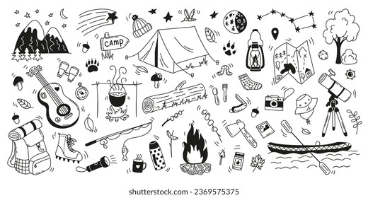 Set hand drawn doodle camping elements. Camping and hiking items. Outdoor recreation concept. Tent, campfire, boat, guitar, bagpack, stars, telescope, map. Flat vector illustration on white background