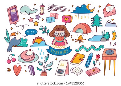 Conjunto de doodle dibujado a mano, se puede usar para pegatinas, parches de moda y otros fines creativos