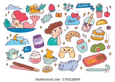 Conjunto de doodle dibujado a mano, se puede usar para pegatinas, parches de moda y otros fines creativos
