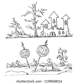 Set of hand drawn doodle cartoon elements of Halloween celebration. Castle, trees, tombs, crosses, pumpkins. Black and white drawing. Isolated doodles on white background. Vector illustration.