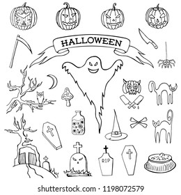 Set of hand drawn doodle cartoon elements of Halloween celebration. Halloween creatures. Black and white drawing. Isolated doodles on white background. Symbols of holiday. Vector illustration.
