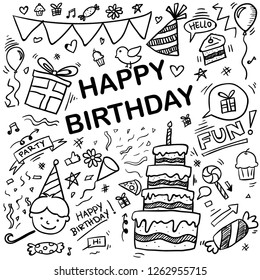 set of hand drawn doodle cartoon symbols on the birthday party. design holiday greeting card and invitation of birthday and holidays. cake, sweets, bunting flag, balloons, gift - vector illustration