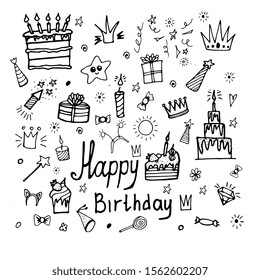 Set of hand drawn doodle cartoon objects and symbols on the birthday party. design holiday greeting card and invitation of wedding, Happy Birthday, Valentine s day and holidays 