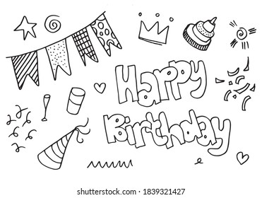 set of hand drawn doodle cartoon objects and symbols on the birthday party.