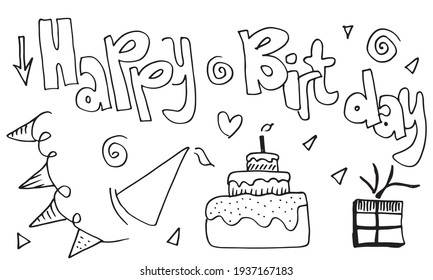 set of hand drawn doodle cartoon objects and symbols on the birthday party.