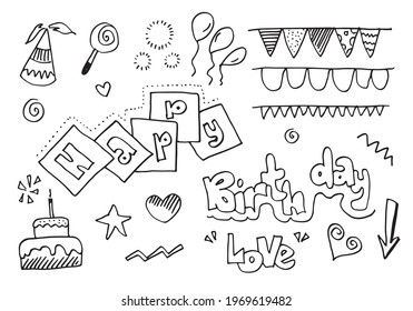 set of hand drawn doodle cartoon objects and symbols on the birthday party.