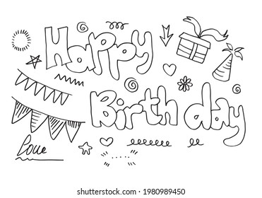set of hand drawn doodle cartoon objects and symbols on the birthday party.
