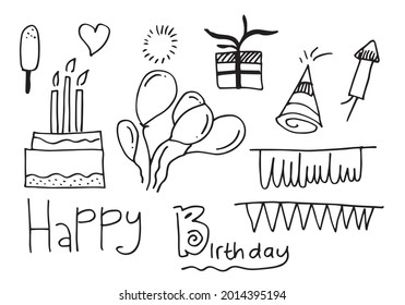 set of hand drawn doodle cartoon objects and symbols on the birthday party.