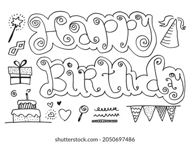 set of hand drawn doodle cartoon objects and symbols on the birthday party.