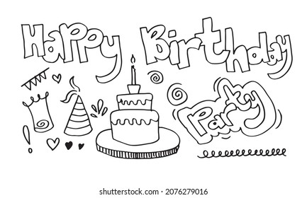 set of hand drawn doodle cartoon objects and symbols on the birthday party.