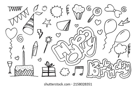 conjunto de objetos de dibujos animados y símbolos de dibujos a mano en la fiesta de cumpleaños.