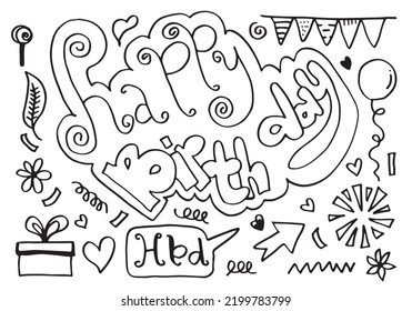 set of hand drawn doodle cartoon objects and symbols on the birthday party.
