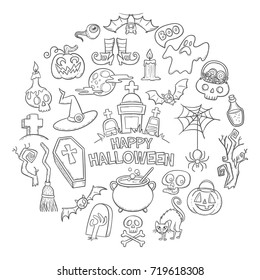 Set of hand drawn doodle cartoon elements of Halloween celebration. Vector illustration.