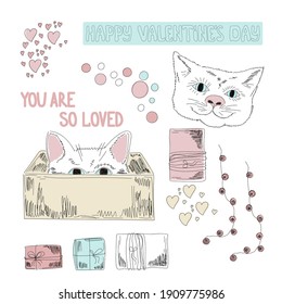 Set of hand drawn doodle cats, gifts, garlands and hearts with painted color spots in blue and pink. Valentine's day decor elements concept.