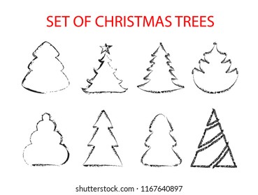 Set of hand drawn doodle Christmas trees. Stylized brush lines trees for New Year and Christmas greeting cards, wrapping holiday design. Black vector illustration on white background. 