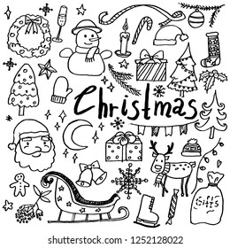 Set of hand drawn doodle christmas and new year icons. Santa, gifts, deer, snowflakes and other. Collection of design elements