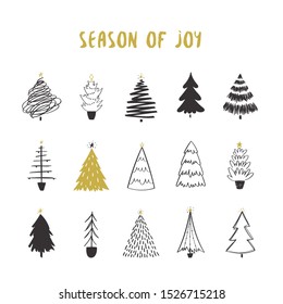Set of hand drawn doodle Christmas trees. Vector illustration collection of Christmas Eve winter background use for greeting cards, posters, wrapping paper, banners, wallpaper 