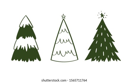 Set of hand drawn doodle Christmas trees. Vector illustration collection of Christmas Eve winter background use for greeting cards, posters, wrapping paper, banners, wallpaper. Isolated black on white
