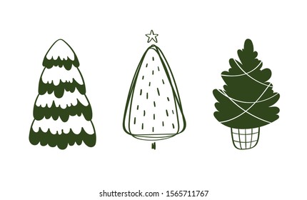 Set of hand drawn doodle Christmas trees. Vector illustration collection of Christmas Eve winter background use for greeting cards, posters, wrapping paper, banners, wallpaper. Isolated black on white