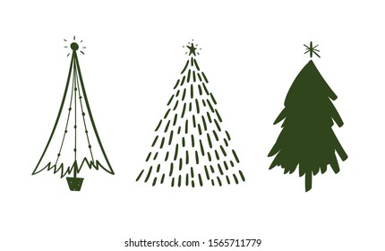 Set of hand drawn doodle Christmas trees. Vector illustration collection of Christmas Eve winter background use for greeting cards, posters, wrapping paper, banners, wallpaper. Isolated black on white