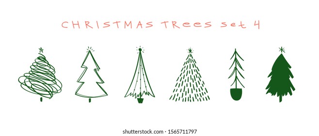 Set of hand drawn doodle Christmas trees. Vector illustration collection of Christmas Eve winter background use for greeting cards, posters, wrapping paper, banners, wallpaper. Isolated black on white