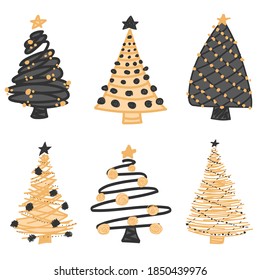 Juego de doodle dibujado a mano árbol de Navidad. Silueta de árbol de navidad dibujada a mano. Iconos de Navidad y bocetos.  Patrón de tinta de perro para el año nuevo 2021. Ilustración del vector
