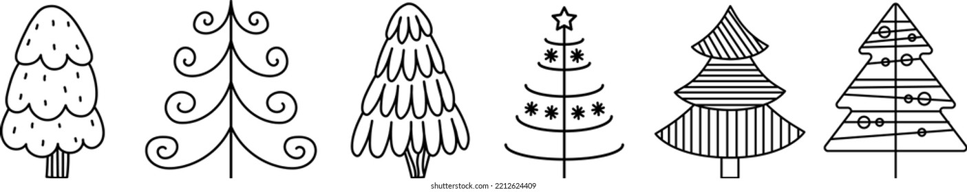 Set of hand drawn doodle Christmas trees. Brush painted stylized trees for New Year and Christmas greeting cards, wrapping holiday design.