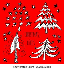 Set of hand drawn doodle Christmas trees on a red background