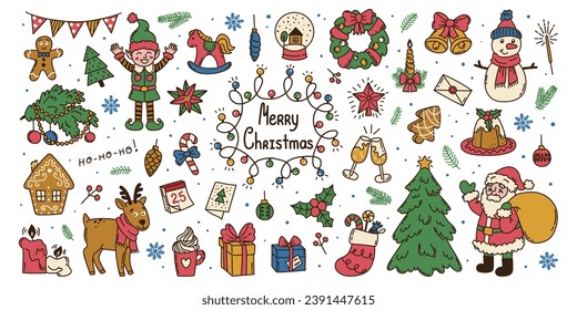 Set hand drawn doodle Christmas elements. Santa Claus, Christmas tree, elf, deer, balls, garland, text Merry Christmas, gingerbreads, snowman. Flat colorful vector illustration on white background