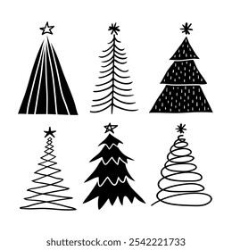 Set of hand drawn doodle christmas tree, line art vector illustration.