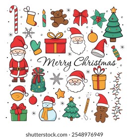 Set of hand drawn doodle Christmas elements. New Year's colorful doodle collection for stickers, scrapbooking, design. Santa Claus, gifts, snowman. NOT AI