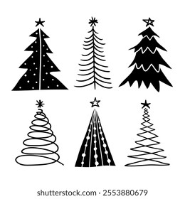 Set of hand drawn doodle christmas tree, line art vector illustration.