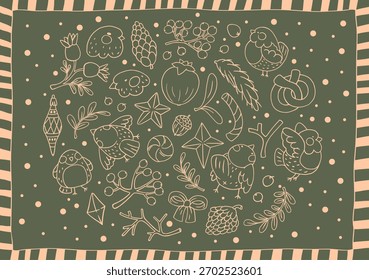 Conjunto de Elementos de Navidades de garabatos dibujados a mano, jilgueros. Ilustración de postal.