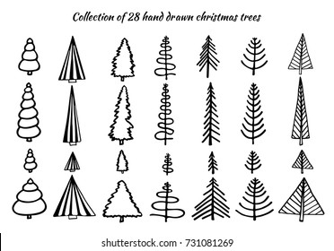 a set of hand drawn doodle christmas trees,isolated on white background; design elements for christmas greeting cards and posters. Vector illustration.