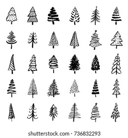 Set of hand drawn doodle Christmas trees. Brush painted stylized trees for New Year and Christmas greeting cards, wrapping holiday design.