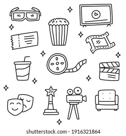 Set of hand drawn doodle cinema and movie vector illustration isolated on white background